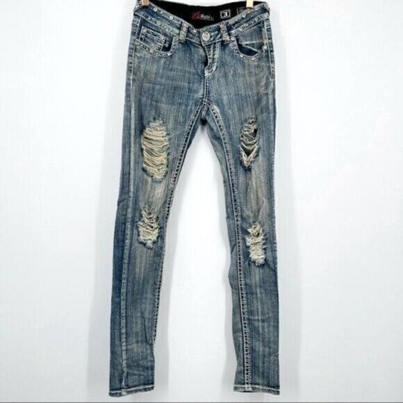 Rubi Jeans womans Skinny Jrs 3 heavily studded destroyed jean stone wash medium - Picture 8 of 8